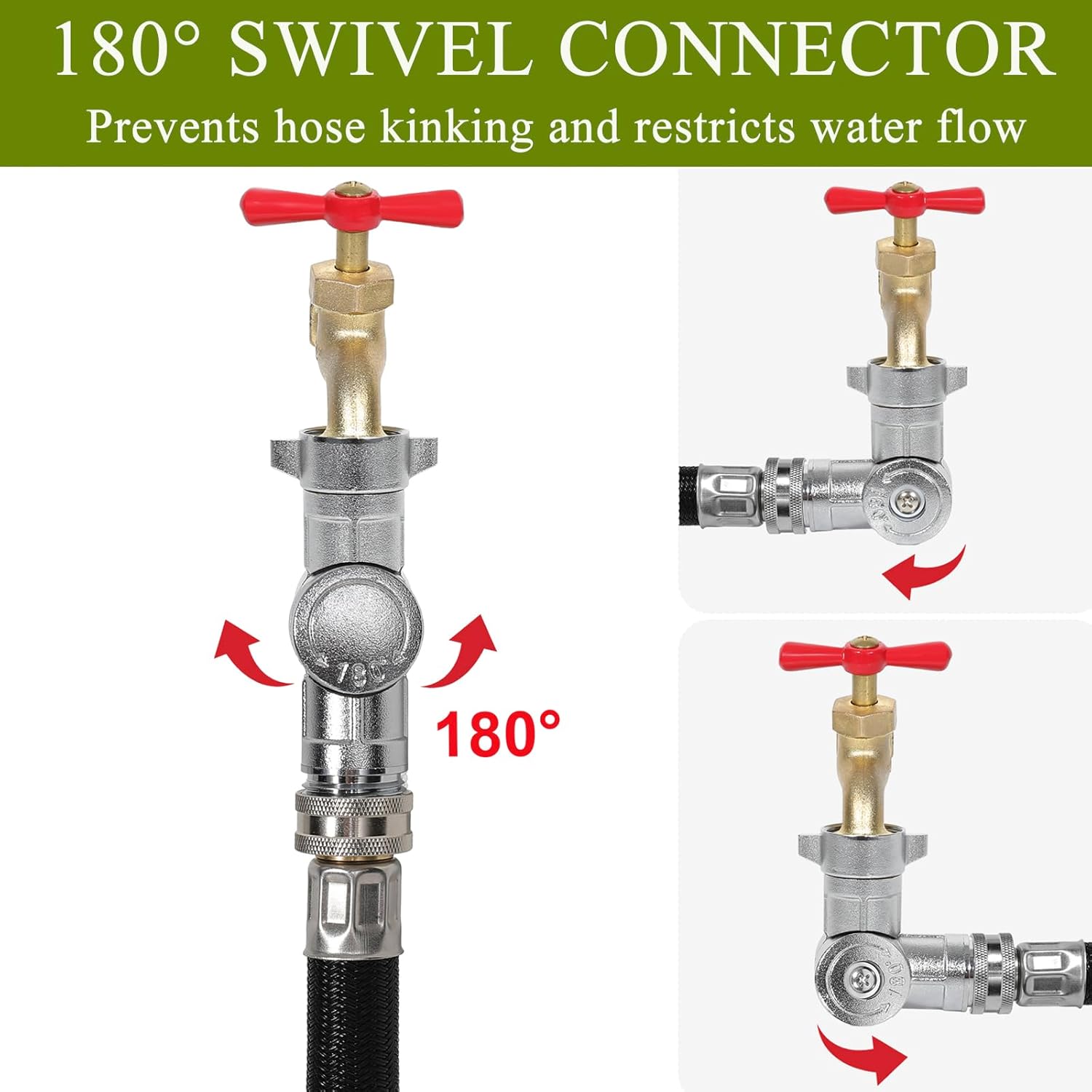 Swivel Hose Connector, brass hose elbow can rotate 180°, reducing hose kinking - 3/4" FHT X 3/4" MHT Hose Thread for garden/RV/lawn.