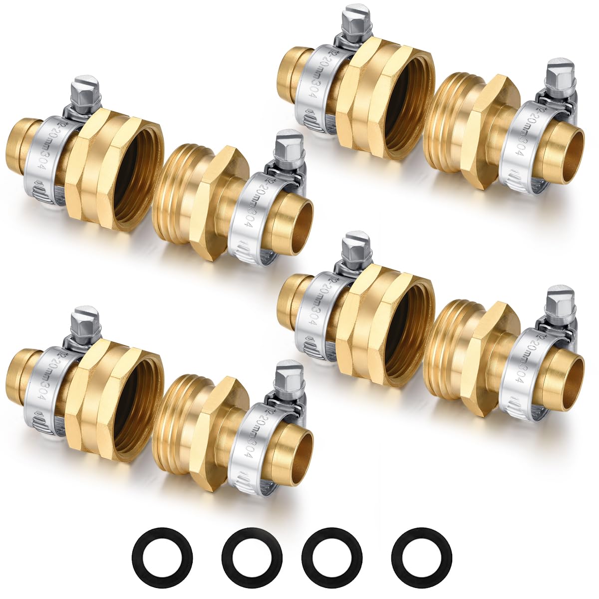 Garden Hose Repair Connector with Clamps Hose End Repair Kit,5/8" Barb Garden Hose Fittings Male and Female brass garden hose ends (5/8"Barb-2 Set)