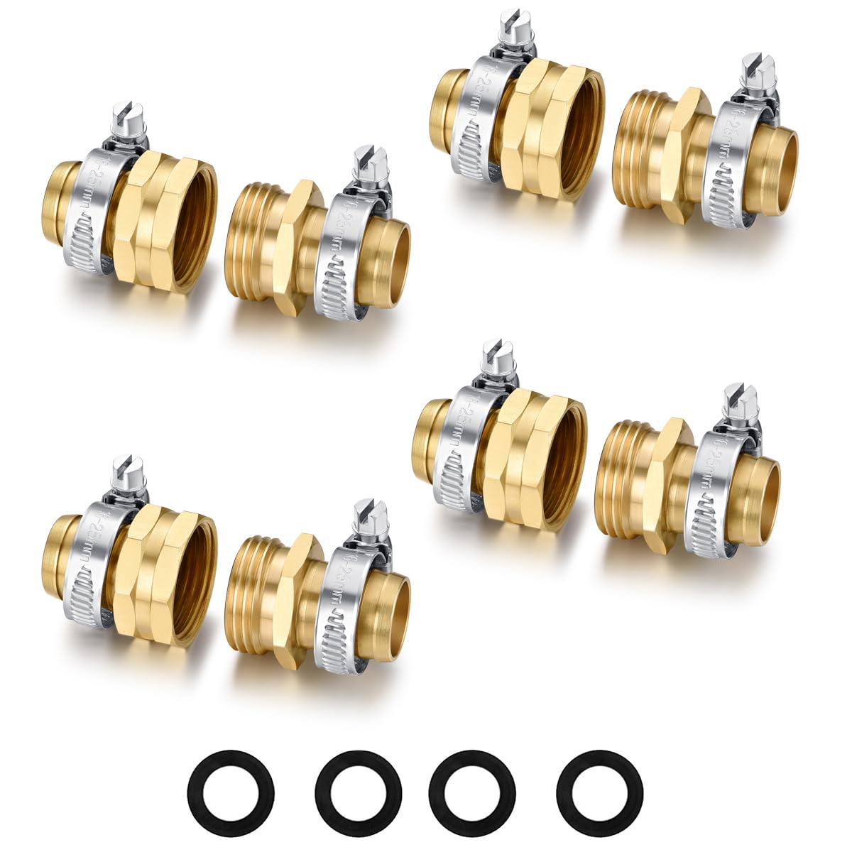 Garden Hose Repair Connector with Clamps Hose End Repair Kit,5/8" Barb Garden Hose Fittings Male and Female brass garden hose ends (5/8"Barb-2 Set)