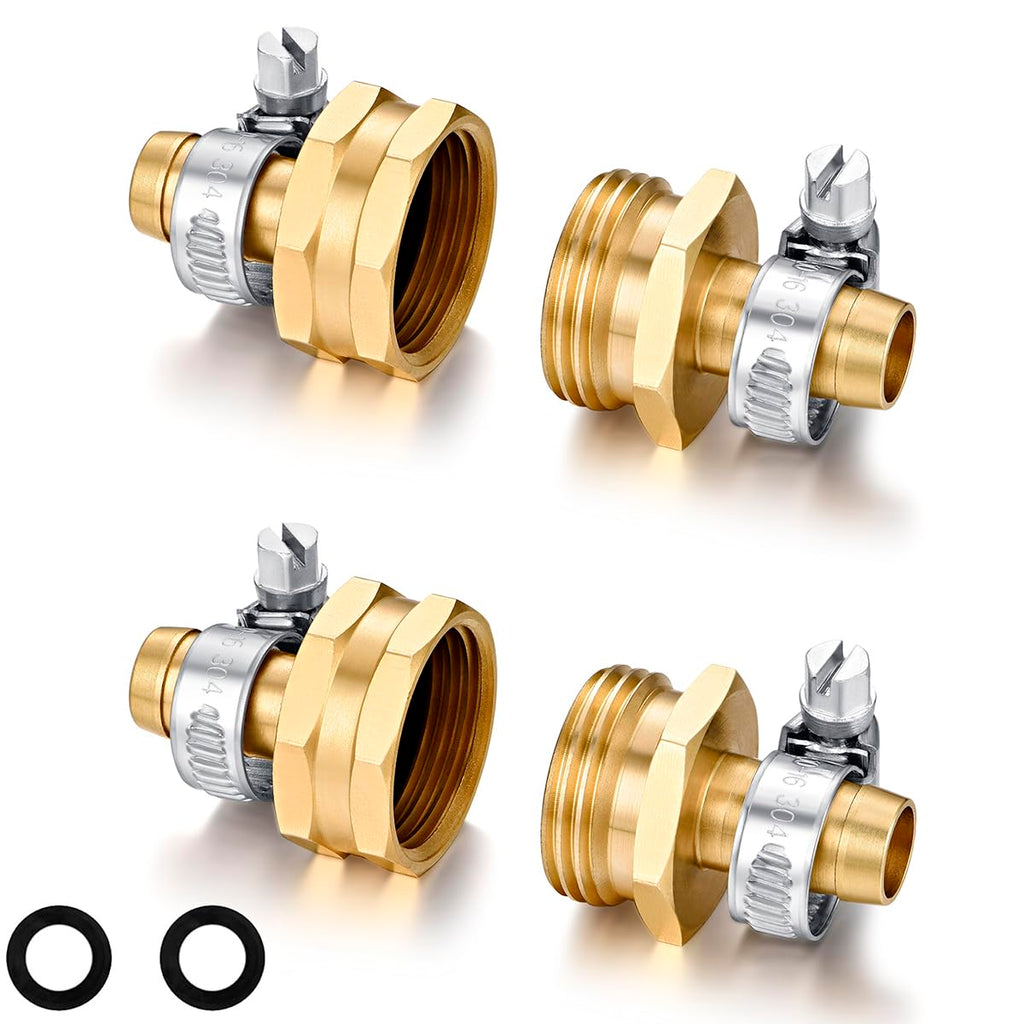 Garden Hose Repair Connector with Clamps Hose End Repair Kit,5/8" Barb Garden Hose Fittings Male and Female brass garden hose ends (5/8"Barb-2 Set)