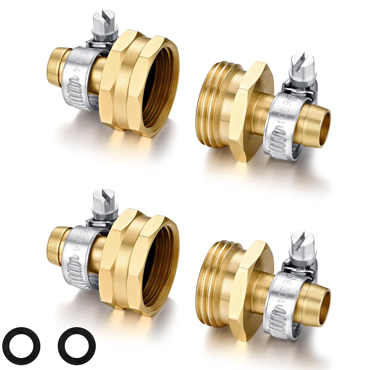Garden Hose Repair Connector with Clamps Hose End Repair Kit,5/8" Barb Garden Hose Fittings Male and Female brass garden hose ends (5/8"Barb-2 Set)