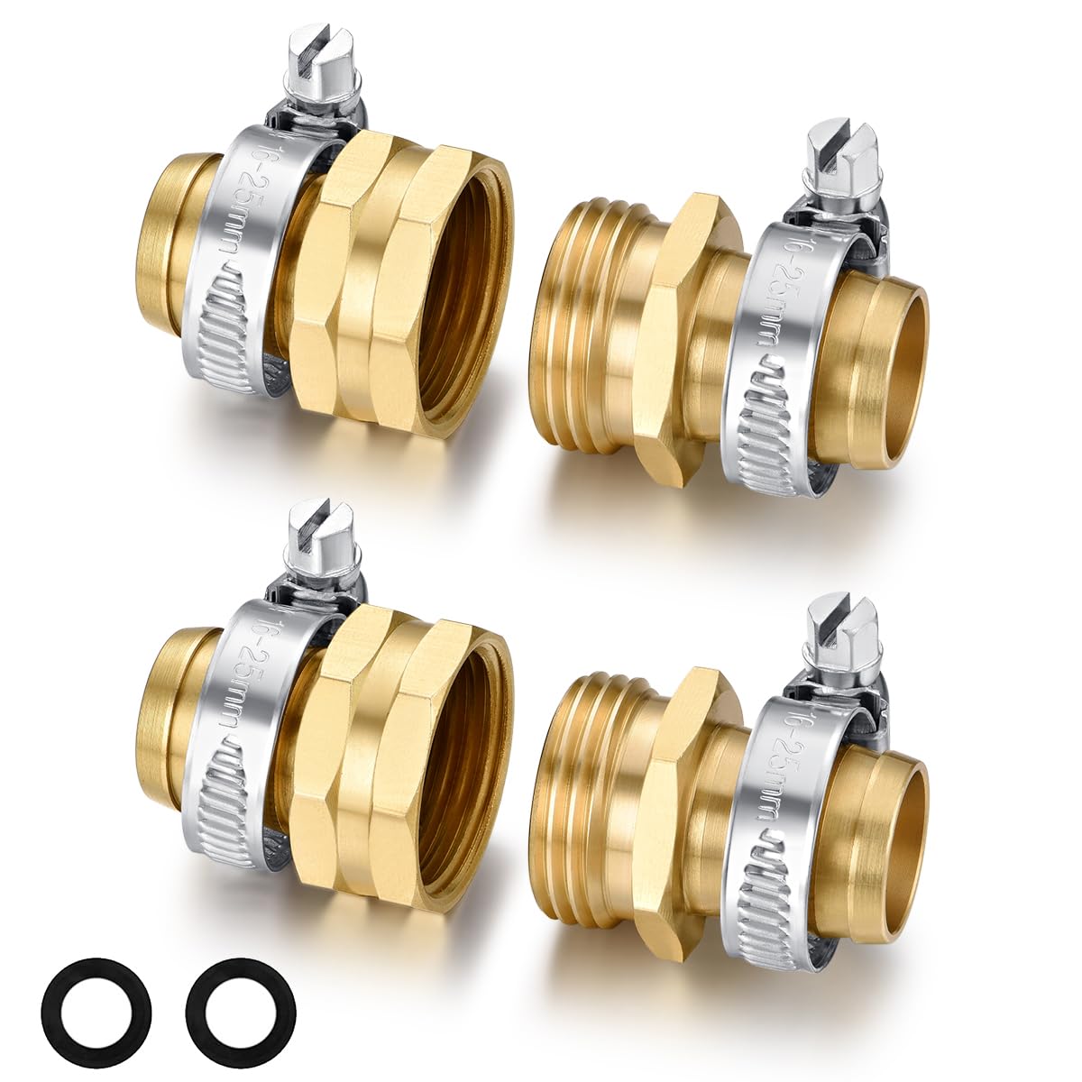 Garden Hose Repair Connector with Clamps Hose End Repair Kit,5/8" Barb Garden Hose Fittings Male and Female brass garden hose ends (5/8"Barb-2 Set)