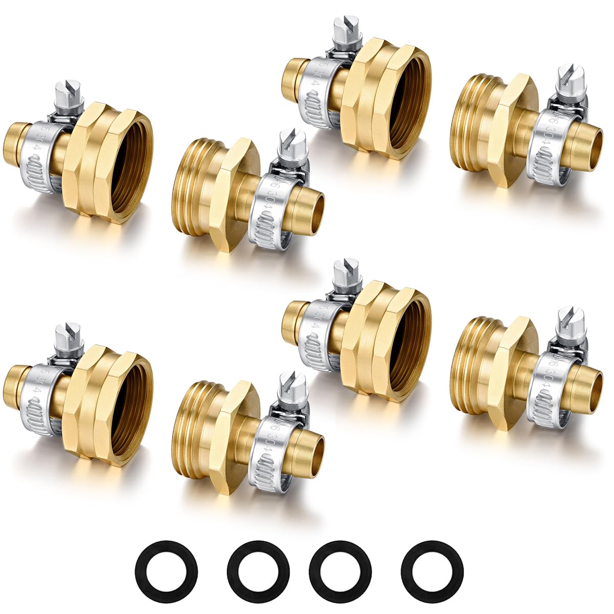 Garden Hose Repair Connector with Clamps Hose End Repair Kit,5/8" Barb Garden Hose Fittings Male and Female brass garden hose ends (5/8"Barb-2 Set)