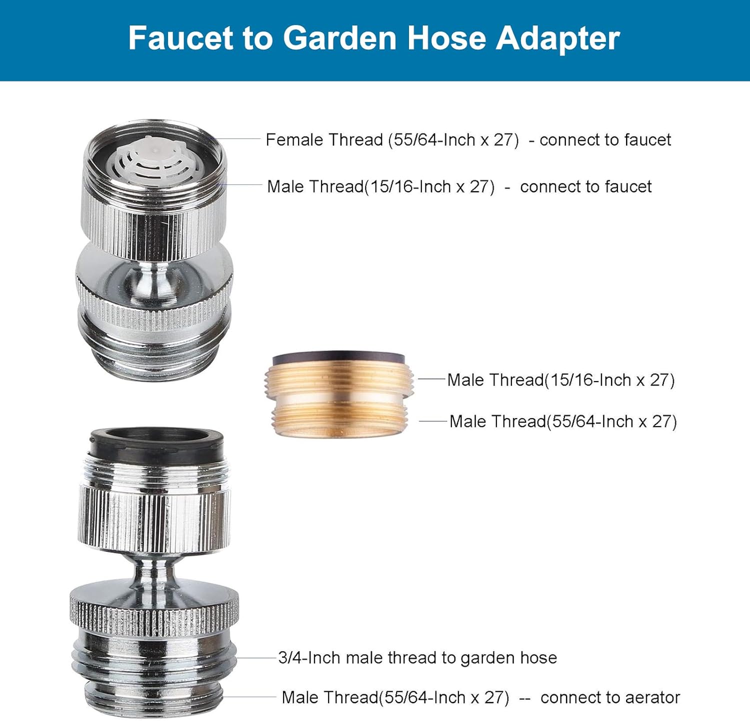Hibbent Faucet Adapter Kit, Swivel Aerator Adapter to Connect Garden Hose - Multi-Thread Kitchen Sink Faucet to Garden Hose Adapter 3/4 Inch - Chrome Finished