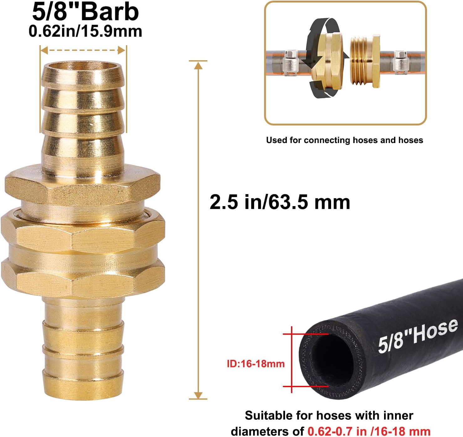 Garden Hose Repair Connector with Clamps Hose End Repair Kit,5/8" Barb Garden Hose Fittings Male and Female brass garden hose ends (5/8"Barb-2 Set)