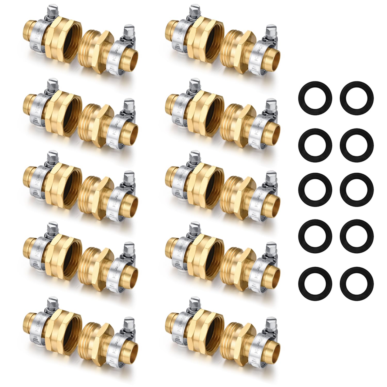 Garden Hose Repair Connector with Clamps Hose End Repair Kit,5/8" Barb Garden Hose Fittings Male and Female brass garden hose ends (5/8"Barb-2 Set)
