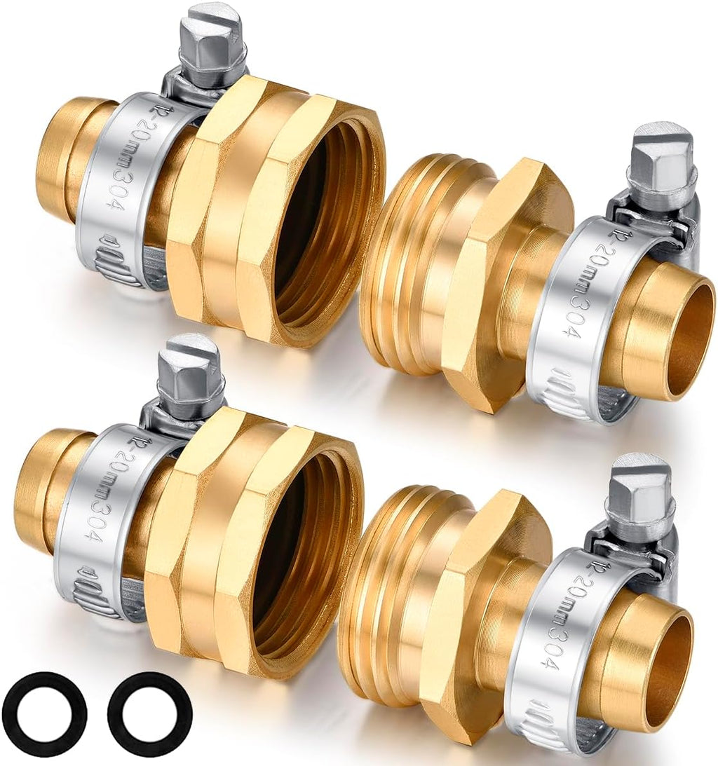 Garden Hose Repair Connector with Clamps Hose End Repair Kit,5/8" Barb Garden Hose Fittings Male and Female brass garden hose ends (5/8"Barb-2 Set)