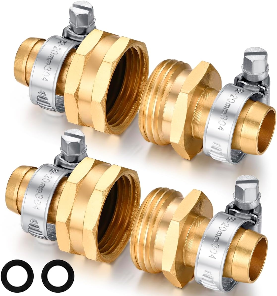 Garden Hose Repair Connector with Clamps Hose End Repair Kit,5/8" Barb Garden Hose Fittings Male and Female brass garden hose ends (5/8"Barb-2 Set)