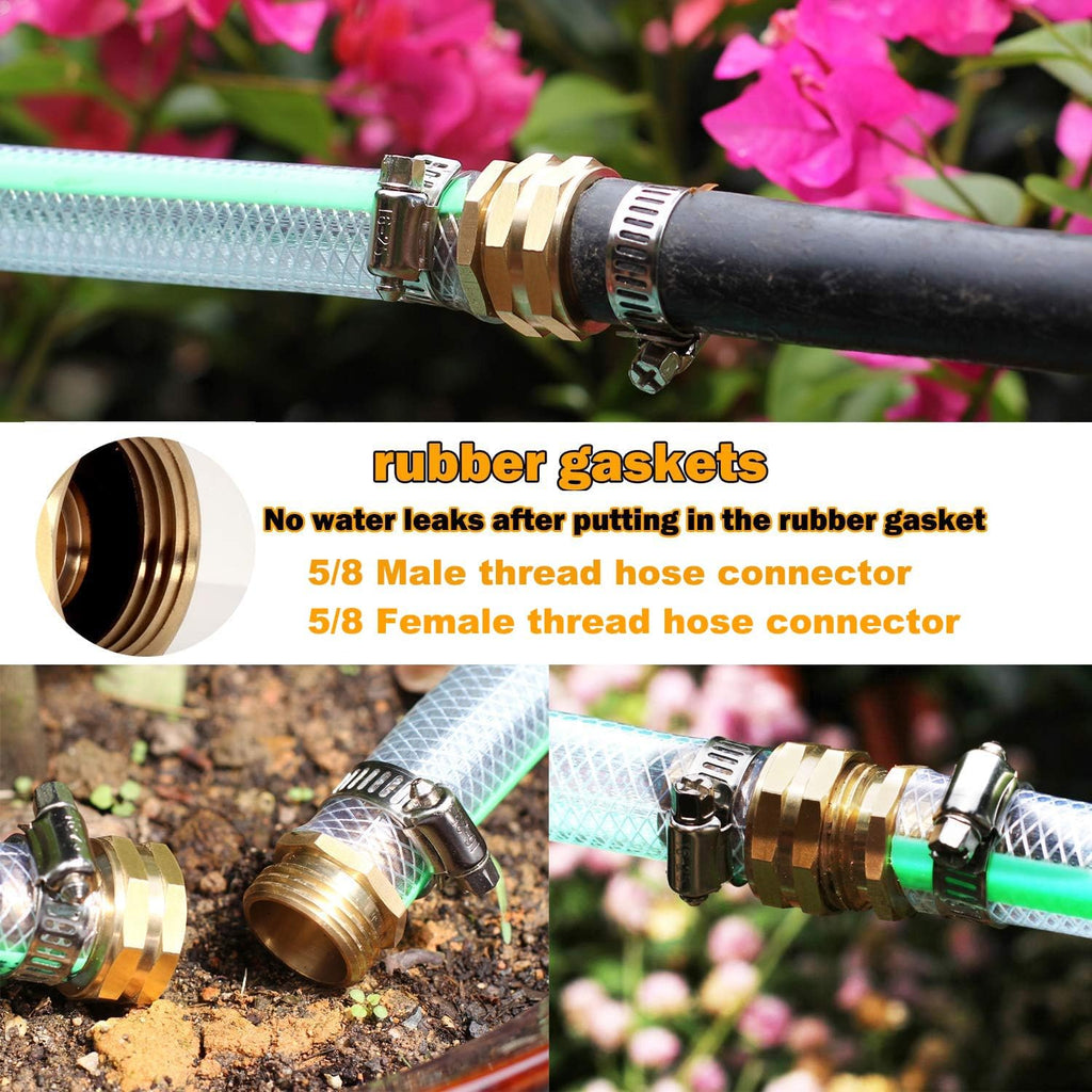 Garden Hose Repair Connector with Clamps Hose End Repair Kit,5/8" Barb Garden Hose Fittings Male and Female brass garden hose ends (5/8"Barb-2 Set)