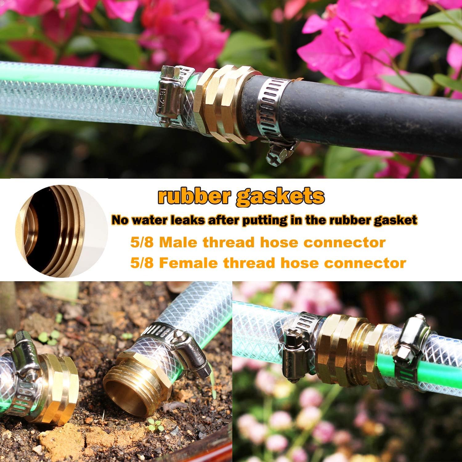 Garden Hose Repair Connector with Clamps Hose End Repair Kit,5/8" Barb Garden Hose Fittings Male and Female brass garden hose ends (5/8"Barb-2 Set)